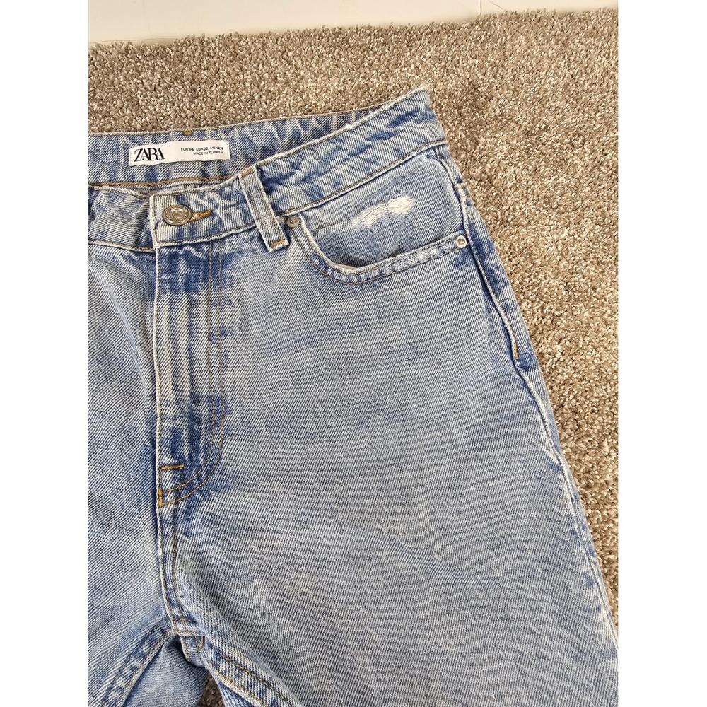 Zara Denim Light Wash Distressed High Rise Straight Leg Jeans - Picture 7 of 16